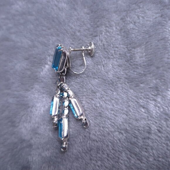 Vintage Blue Rhinestone Necklace & Drop Screwback Earrings Set Dangle Teardrop - Picture 6 of 9